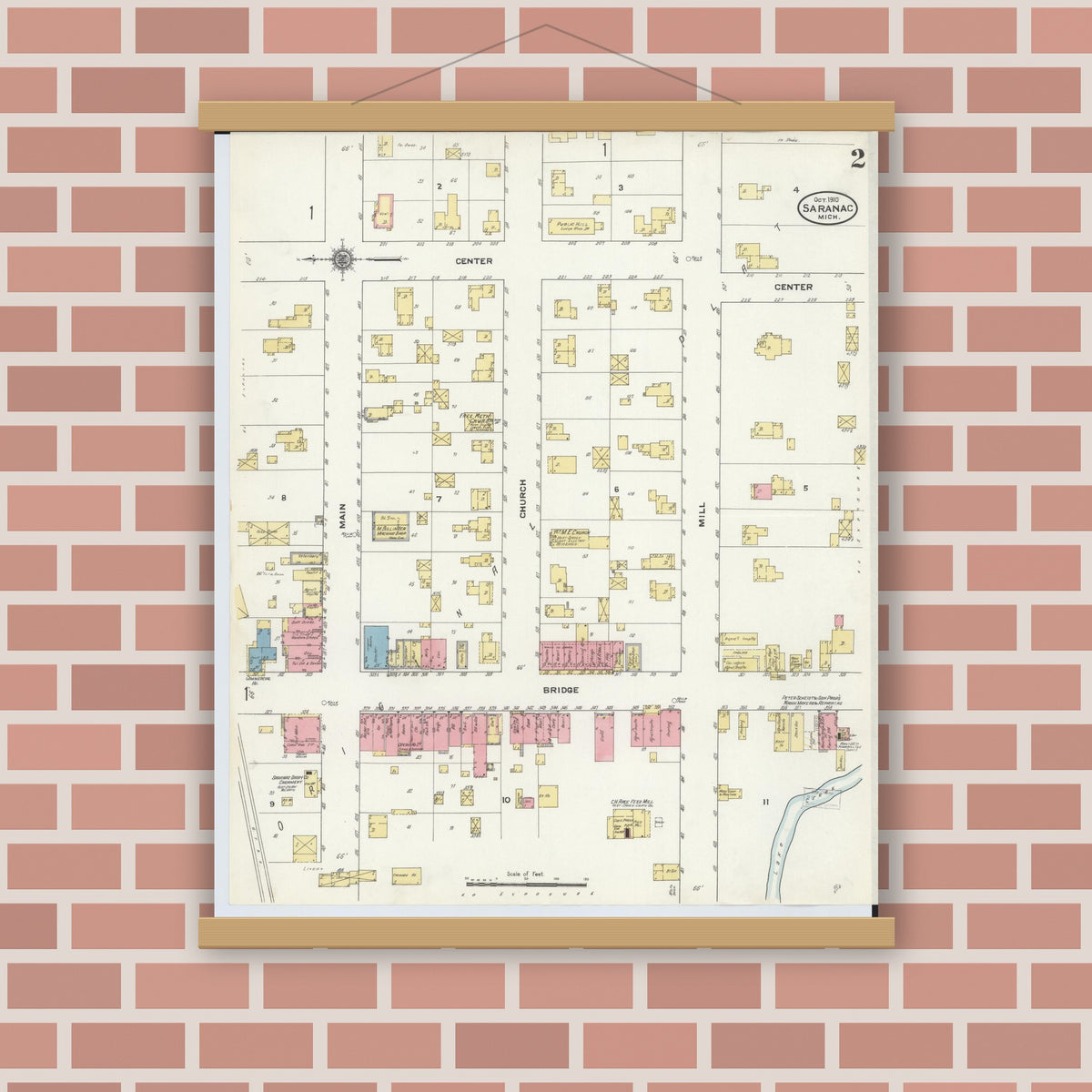 Old map wall art mockup — magnetic wood frame on brick wall — Sanborn Fire Insurance Map from Saranac, Ionia County, Michigan (1910), Sheet #0002