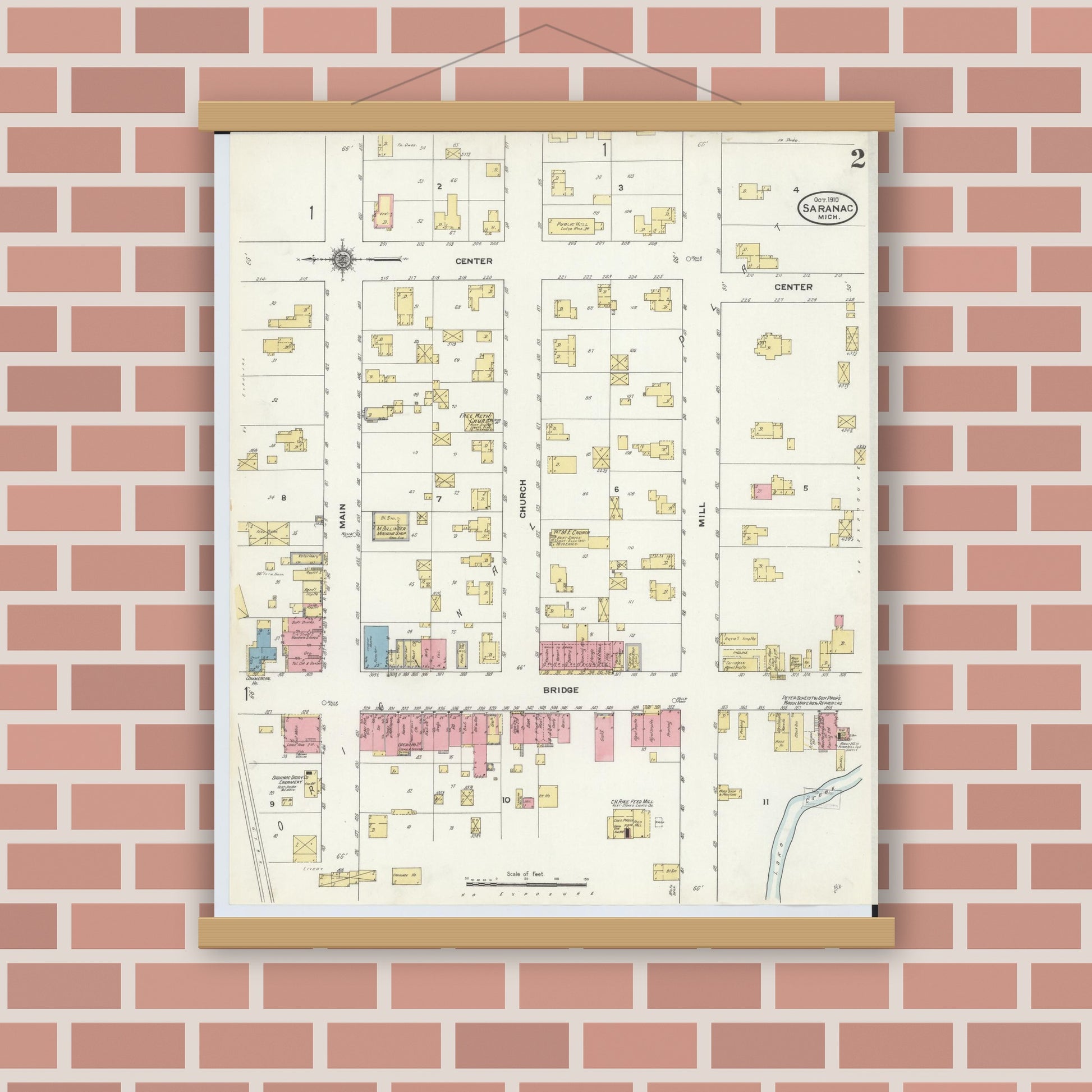 Old map wall art mockup — magnetic wood frame on brick wall — Sanborn Fire Insurance Map from Saranac, Ionia County, Michigan (1910), Sheet #0002