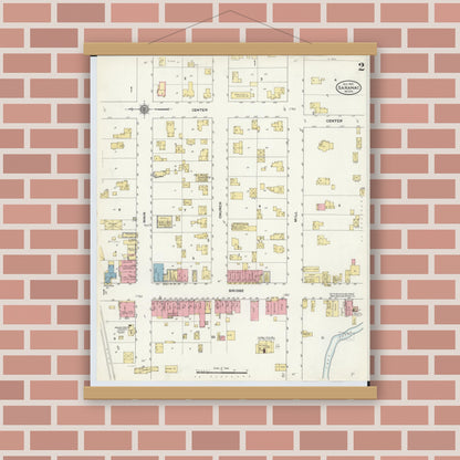 Old map wall art mockup — magnetic wood frame on brick wall — Sanborn Fire Insurance Map from Saranac, Ionia County, Michigan (1910), Sheet #0002