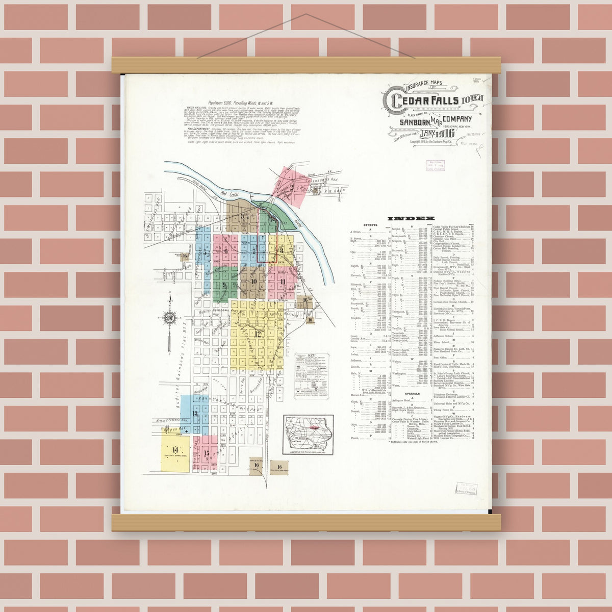 Old map wall art mockup — magnetic wood frame on brick wall — Sanborn Fire Insurance Map from Cedar Falls, Black Hawk County, Iowa (1916) â€” Complete Set