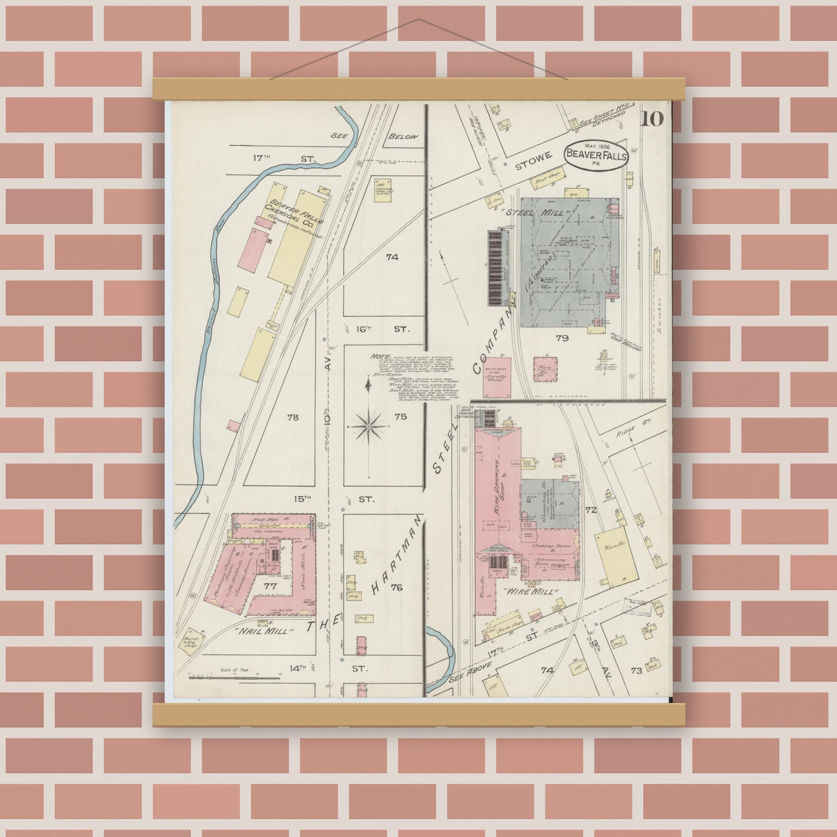 Old map wall art mockup — magnetic wood frame on brick wall — Sanborn Fire Insurance Map from Beaver Falls, Beaver County, Pennsylvania (1886), Sheet #0010