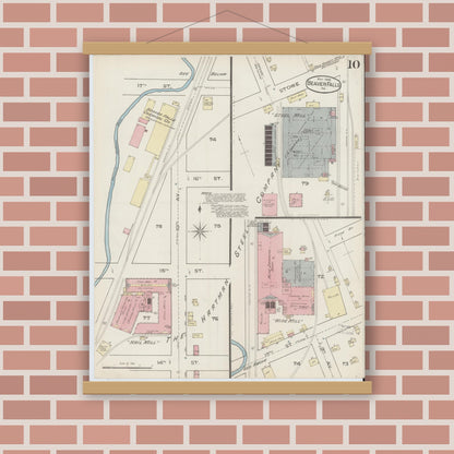Old map wall art mockup — magnetic wood frame on brick wall — Sanborn Fire Insurance Map from Beaver Falls, Beaver County, Pennsylvania (1886), Sheet #0010