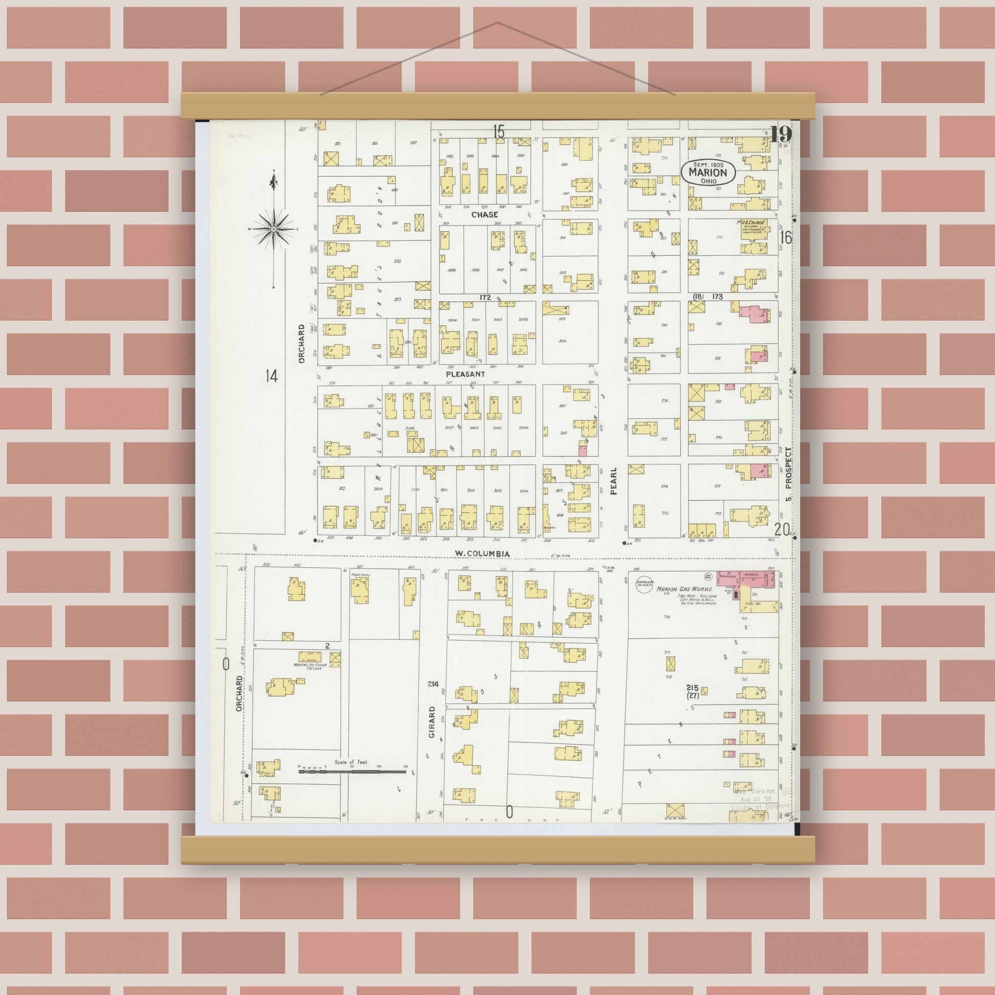 Old map wall art mockup — magnetic wood frame on brick wall — Sanborn Fire Insurance Map from Marion, Marion County, Ohio (1900), Sheet #0019