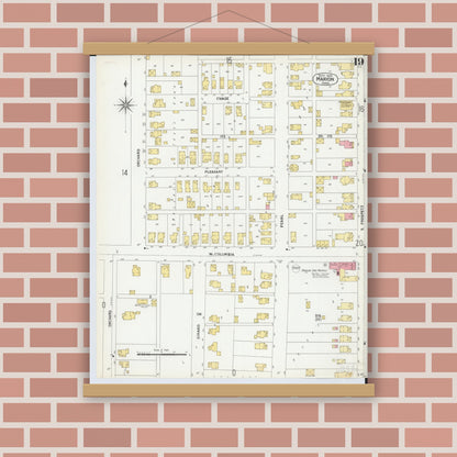 Old map wall art mockup — magnetic wood frame on brick wall — Sanborn Fire Insurance Map from Marion, Marion County, Ohio (1900), Sheet #0019