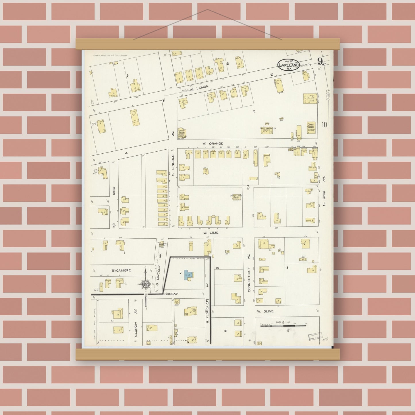 Old map wall art mockup — magnetic wood frame on brick wall — Sanborn Fire Insurance Map from Lakeland, Polk County, Florida (1913), Sheet #0009