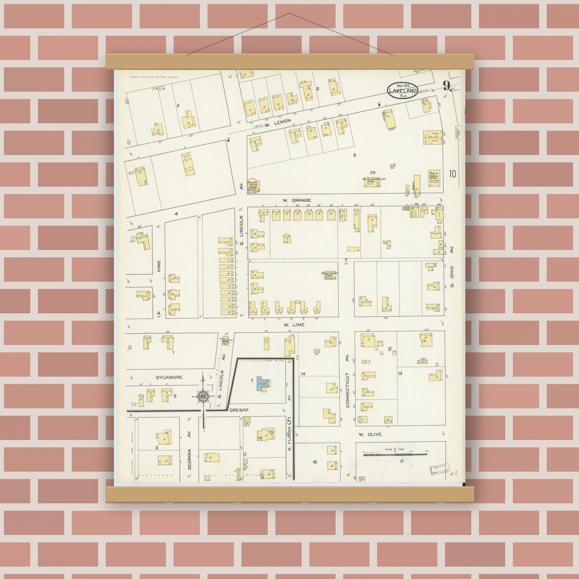 Old map wall art mockup — magnetic wood frame on brick wall — Sanborn Fire Insurance Map from Lakeland, Polk County, Florida (1913), Sheet #0009