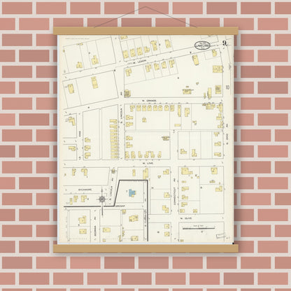 Old map wall art mockup — magnetic wood frame on brick wall — Sanborn Fire Insurance Map from Lakeland, Polk County, Florida (1913), Sheet #0009