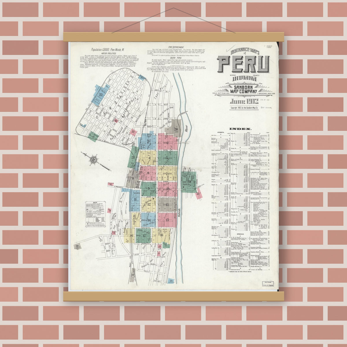 Old map wall art mockup — magnetic wood frame on brick wall — Sanborn Fire Insurance Map from Peru, Miami County, Indiana (1912) - Complete Map Set
