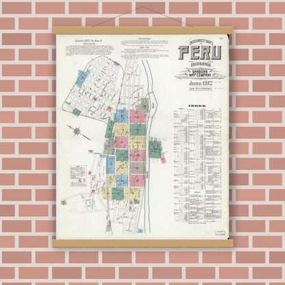 Old map wall art mockup — magnetic wood frame on brick wall — Sanborn Fire Insurance Map from Peru, Miami County, Indiana (1912) - Complete Map Set