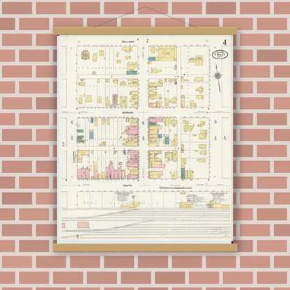 Old map wall art mockup — magnetic wood frame on brick wall — Sanborn Fire Insurance Map from Tracy, Lyon County, Minnesota (1909), Sheet #0004
