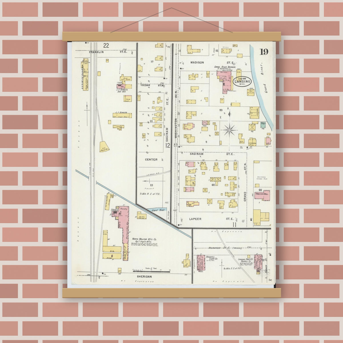 Old map wall art mockup — magnetic wood frame on brick wall — Sanborn Fire Insurance Map from Lansing, Ingham County, Michigan (1898), Sheet #0019
