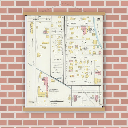 Old map wall art mockup — magnetic wood frame on brick wall — Sanborn Fire Insurance Map from Lansing, Ingham County, Michigan (1898), Sheet #0019