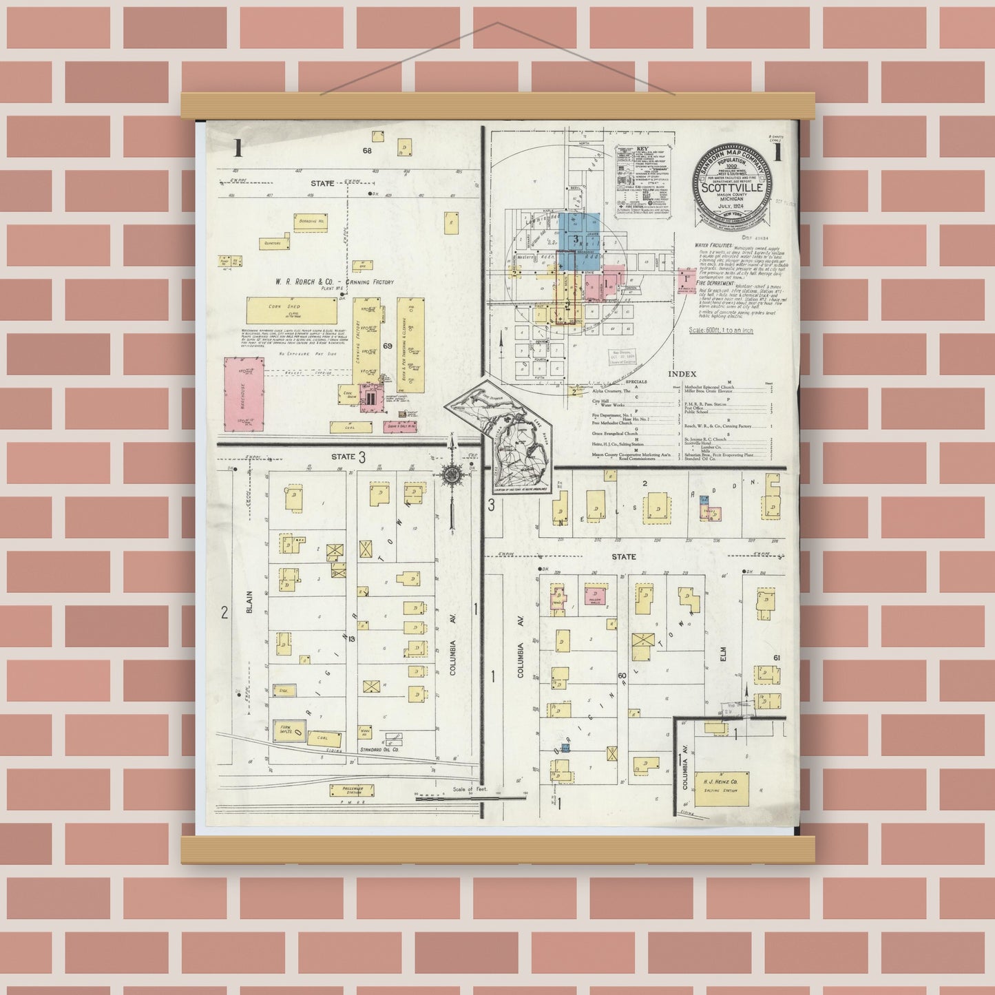 Old map wall art mockup — magnetic wood frame on brick wall — Sanborn Fire Insurance Map from Scottville, Mason County, Michigan (1924), Sheet #0001