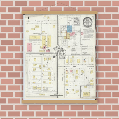 Old map wall art mockup — magnetic wood frame on brick wall — Sanborn Fire Insurance Map from Scottville, Mason County, Michigan (1924), Sheet #0001