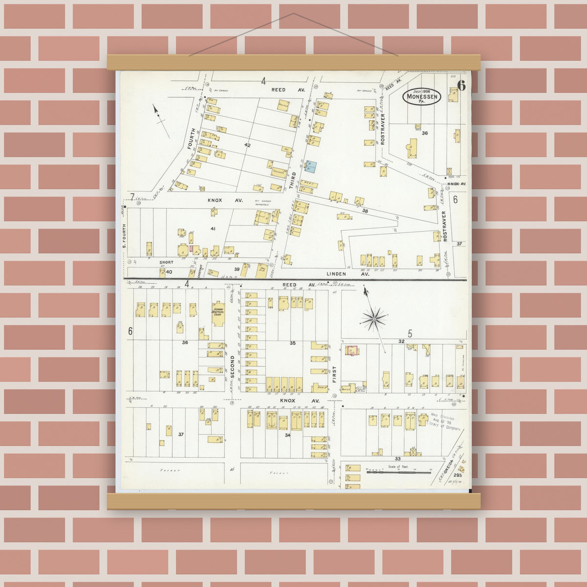 Old map wall art mockup — magnetic wood frame on brick wall — Sanborn Fire Insurance Map from Monessen, Westmoreland County, Pennsylvania (1908), Sheet #0006