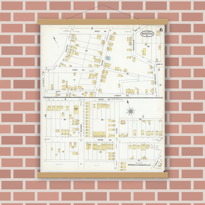 Old map wall art mockup — magnetic wood frame on brick wall — Sanborn Fire Insurance Map from Monessen, Westmoreland County, Pennsylvania (1908), Sheet #0006