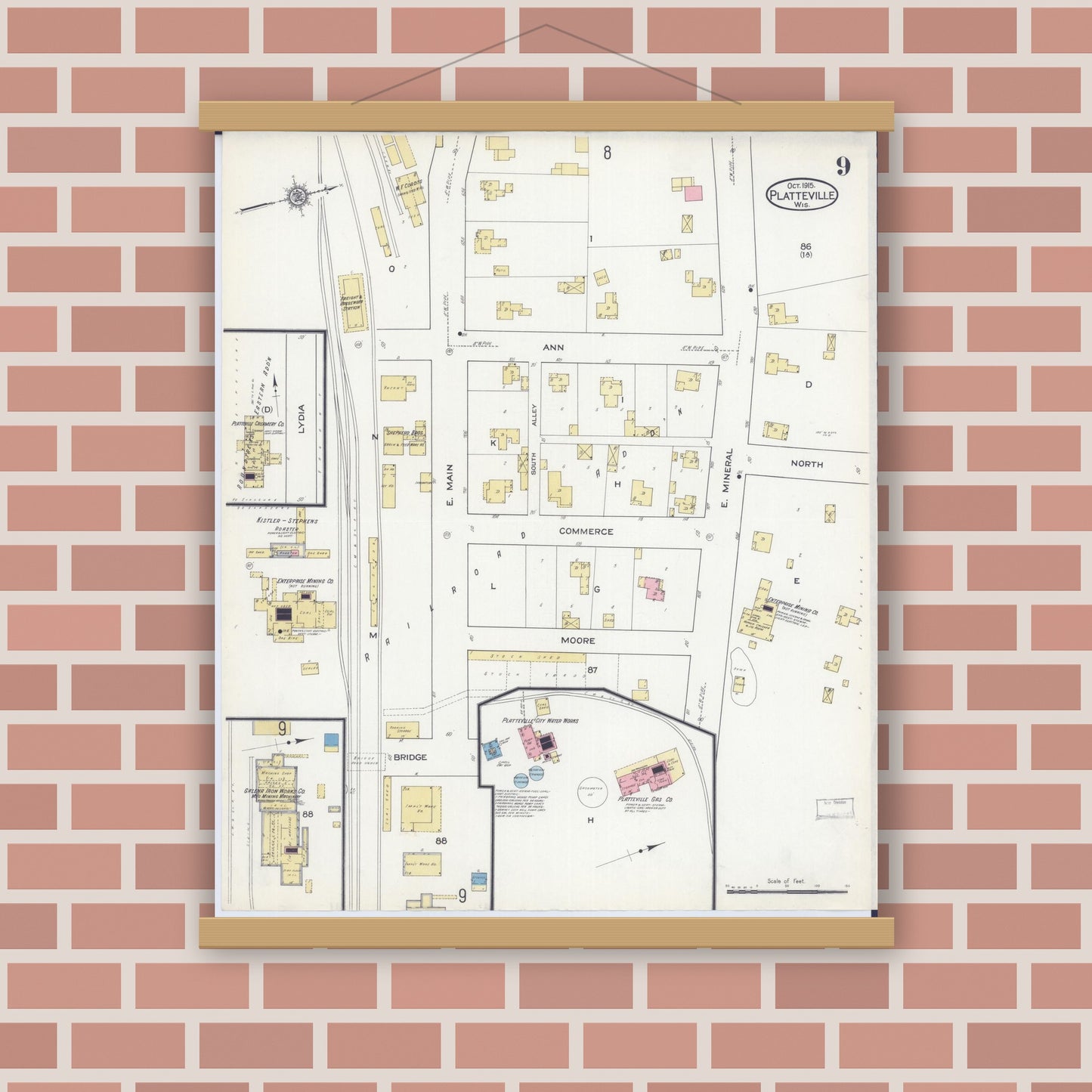 Old map wall art mockup — magnetic wood frame on brick wall — Sanborn Fire Insurance Map from Platteville, Grant County, Wisconsin (1915), Sheet #0009