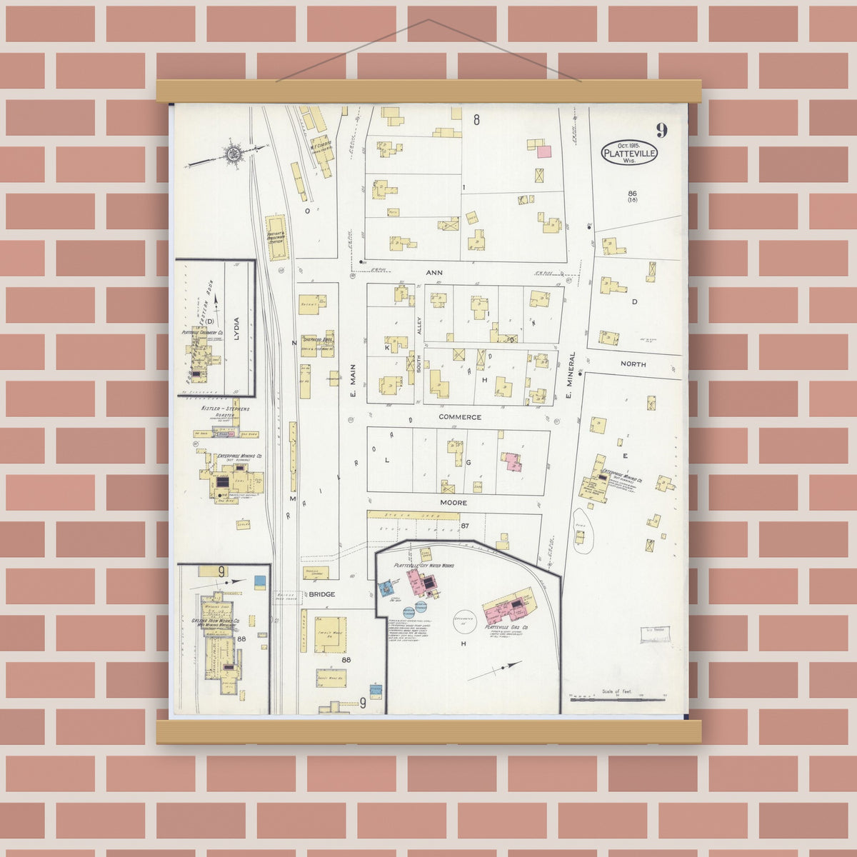Old map wall art mockup — magnetic wood frame on brick wall — Sanborn Fire Insurance Map from Platteville, Grant County, Wisconsin (1915), Sheet #0009