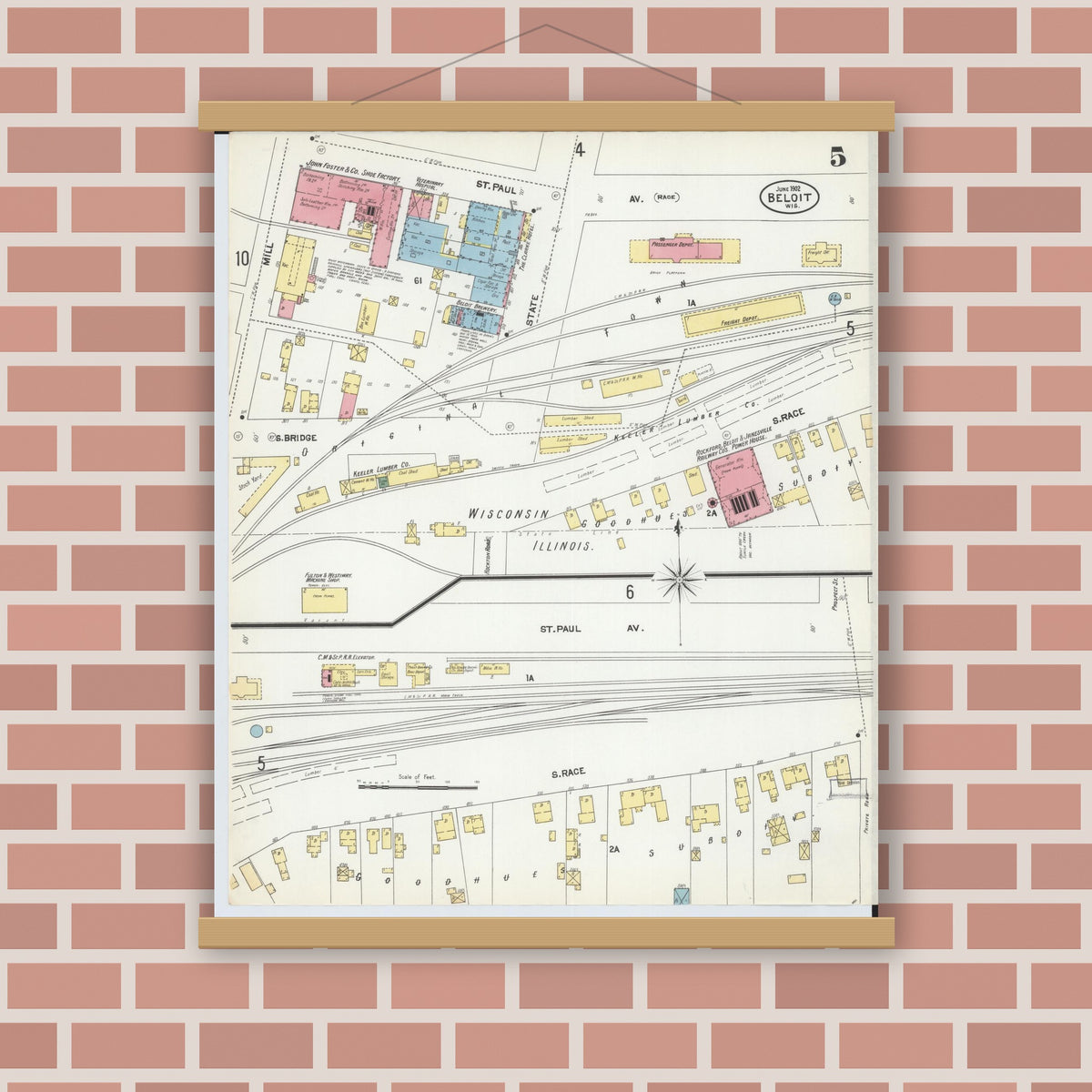 Old map wall art mockup — magnetic wood frame on brick wall — Sanborn Fire Insurance Map from Beloit, Rock County, Wisconsin (1902), Sheet #0005