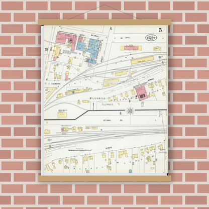 Old map wall art mockup — magnetic wood frame on brick wall — Sanborn Fire Insurance Map from Beloit, Rock County, Wisconsin (1902), Sheet #0005