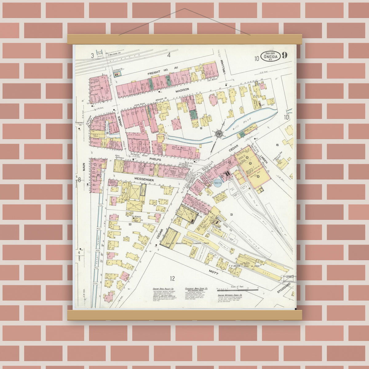 Old map wall art mockup — magnetic wood frame on brick wall — Sanborn Fire Insurance Map from Oneida, Madison County, New York (1909), Sheet #0009