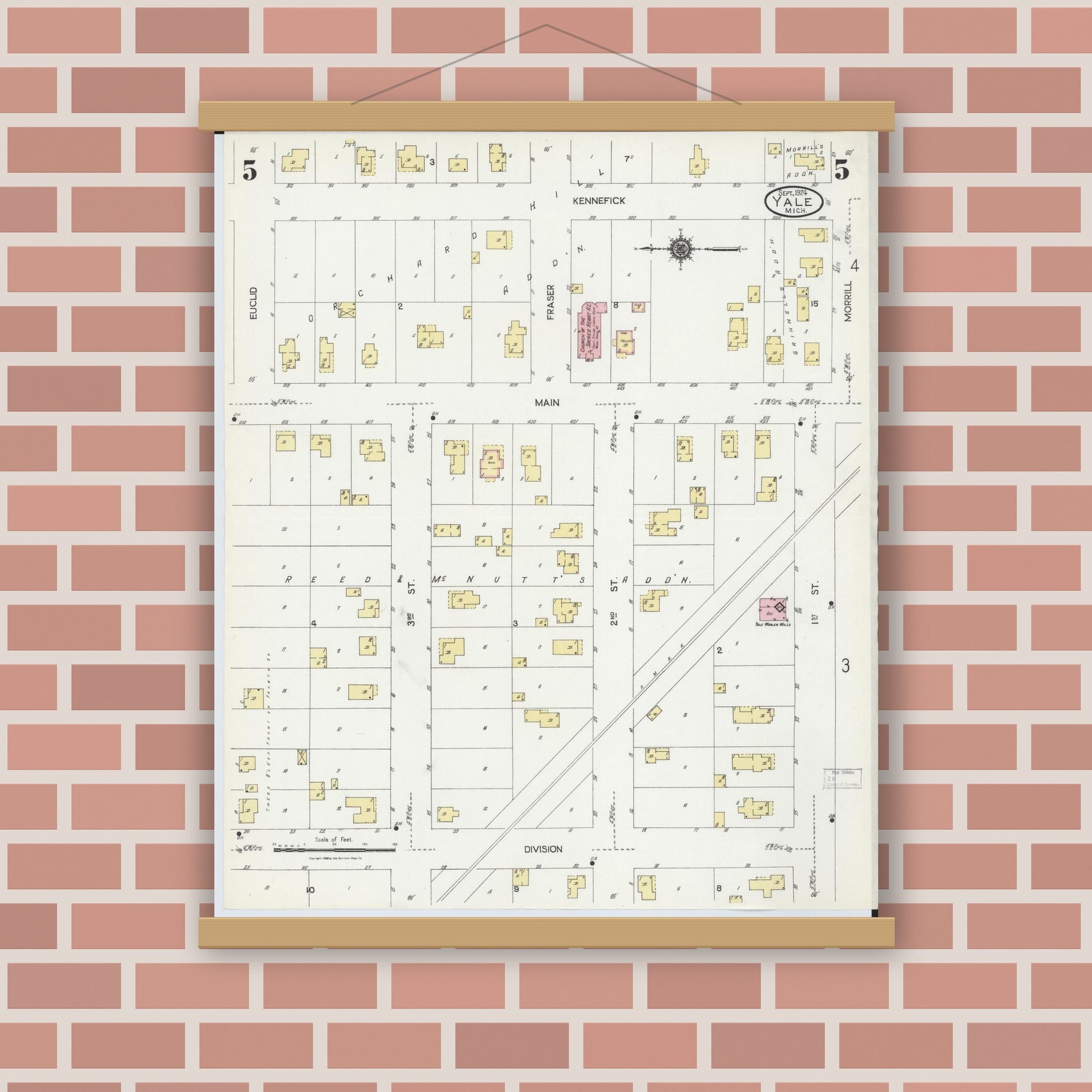 Old map wall art mockup — magnetic wood frame on brick wall — Sanborn Fire Insurance Map from Yale, Saint Clair County, Michigan (1924), Sheet #0005