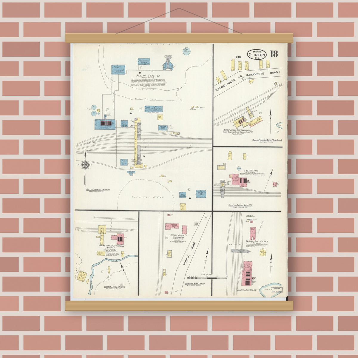 Old map wall art mockup — magnetic wood frame on brick wall — Sanborn Fire Insurance Map from Clinton, Vermillion County, Indiana (1915), Sheet #0018