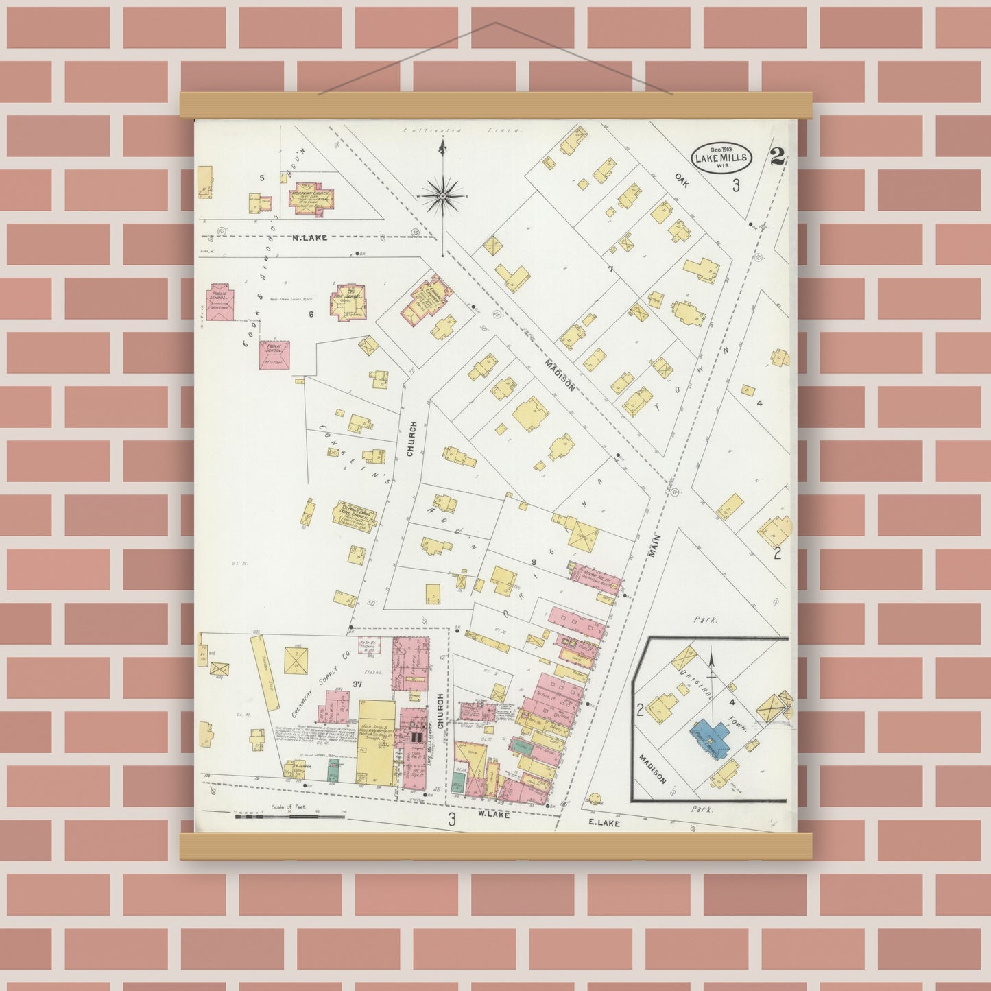 Old map wall art mockup — magnetic wood frame on brick wall — Sanborn Fire Insurance Map from Lake Mills, Jefferson County, Wisconsin (1903), Sheet #0002