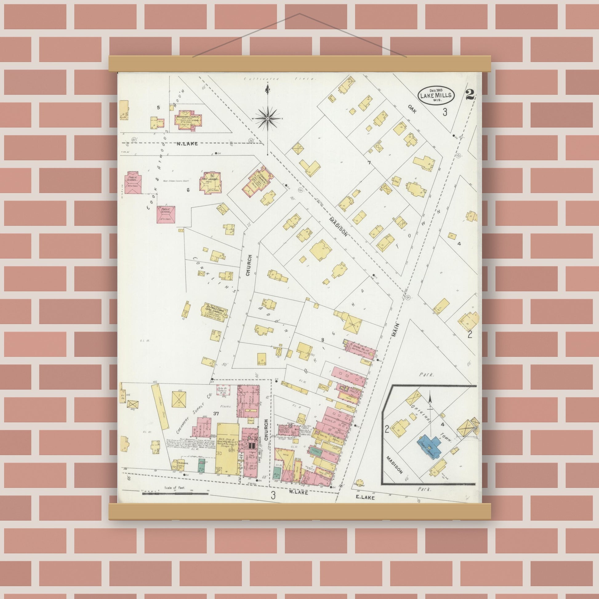 Old map wall art mockup — magnetic wood frame on brick wall — Sanborn Fire Insurance Map from Lake Mills, Jefferson County, Wisconsin (1903), Sheet #0002