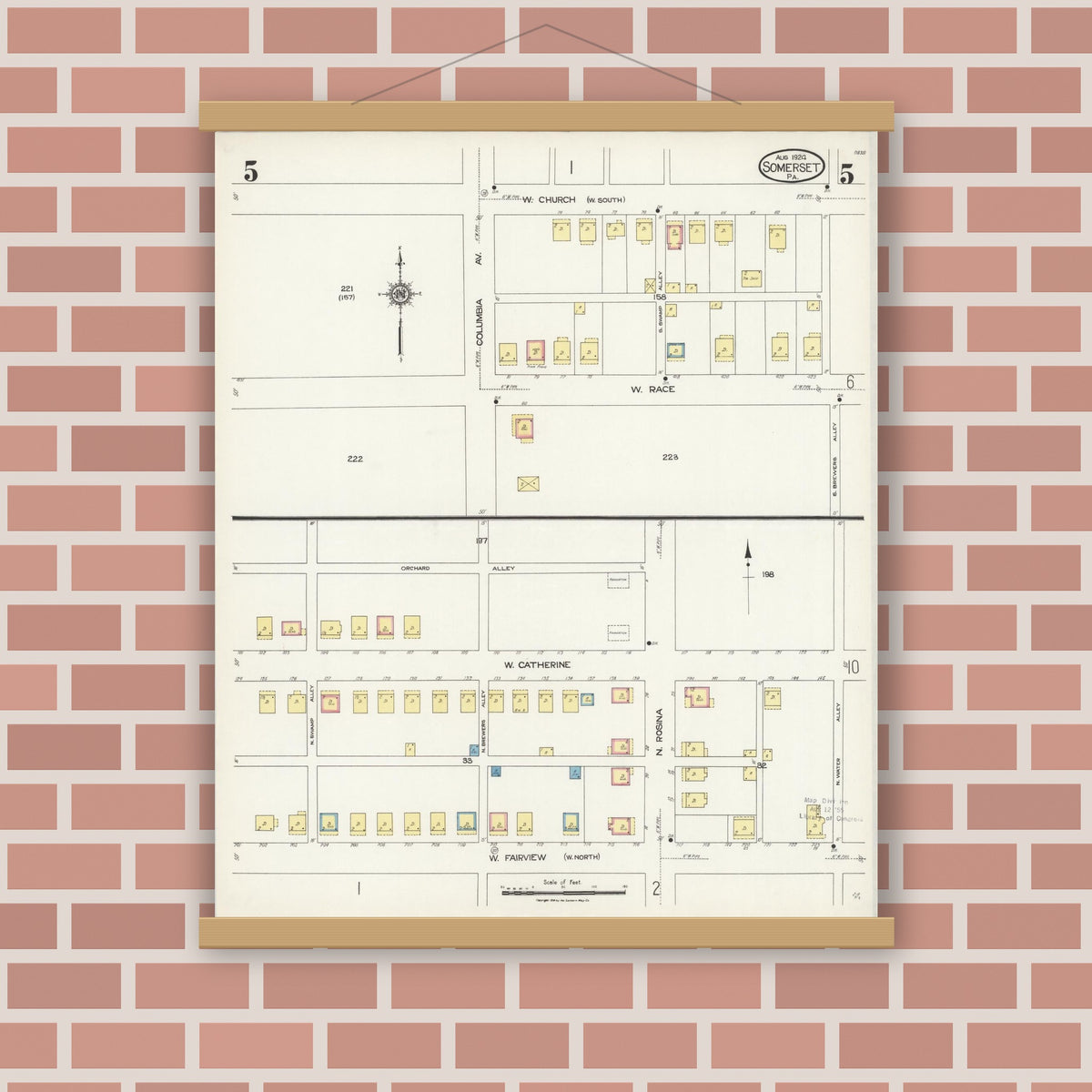 Old map wall art mockup — magnetic wood frame on brick wall — Sanborn Fire Insurance Map from Somerset, Somerset County, Pennsylvania (1924), Sheet #0005
