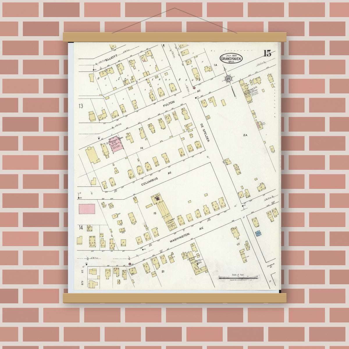 Old map wall art mockup — magnetic wood frame on brick wall — Sanborn Fire Insurance Map from Grand Haven, Ottawa County, Michigan (1920), Sheet #0015