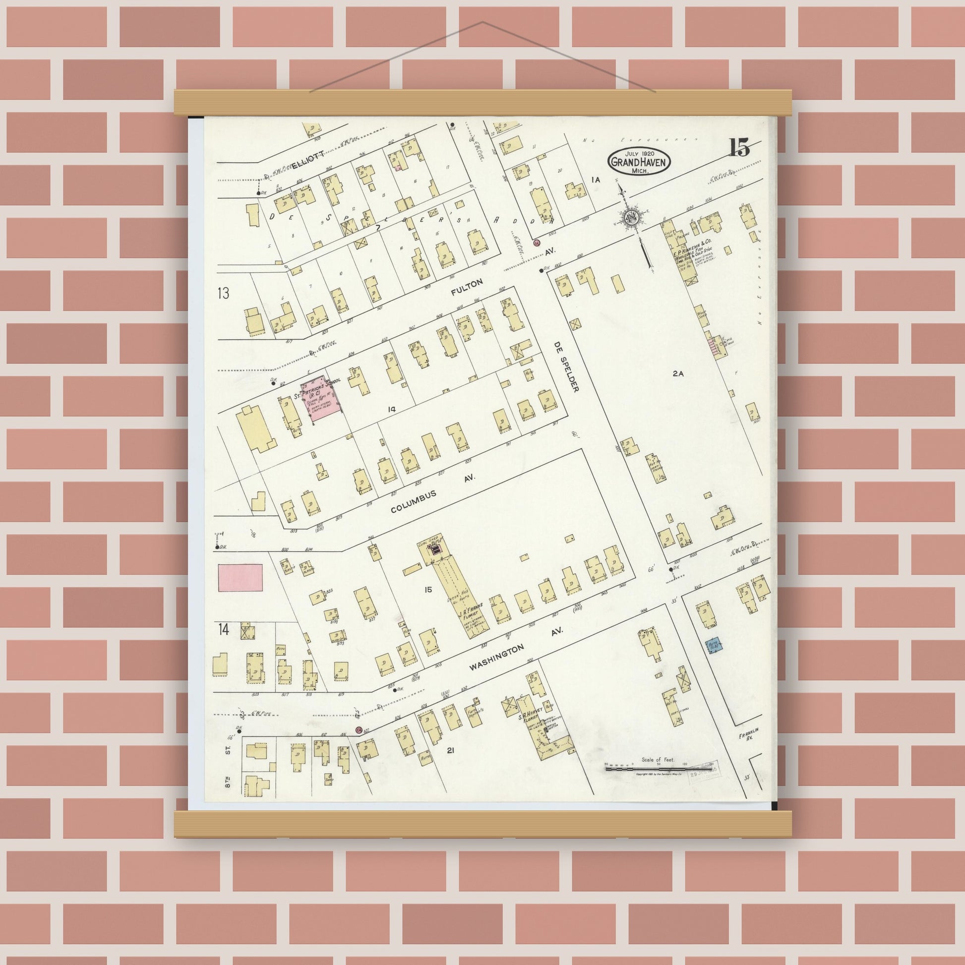 Old map wall art mockup — magnetic wood frame on brick wall — Sanborn Fire Insurance Map from Grand Haven, Ottawa County, Michigan (1920), Sheet #0015