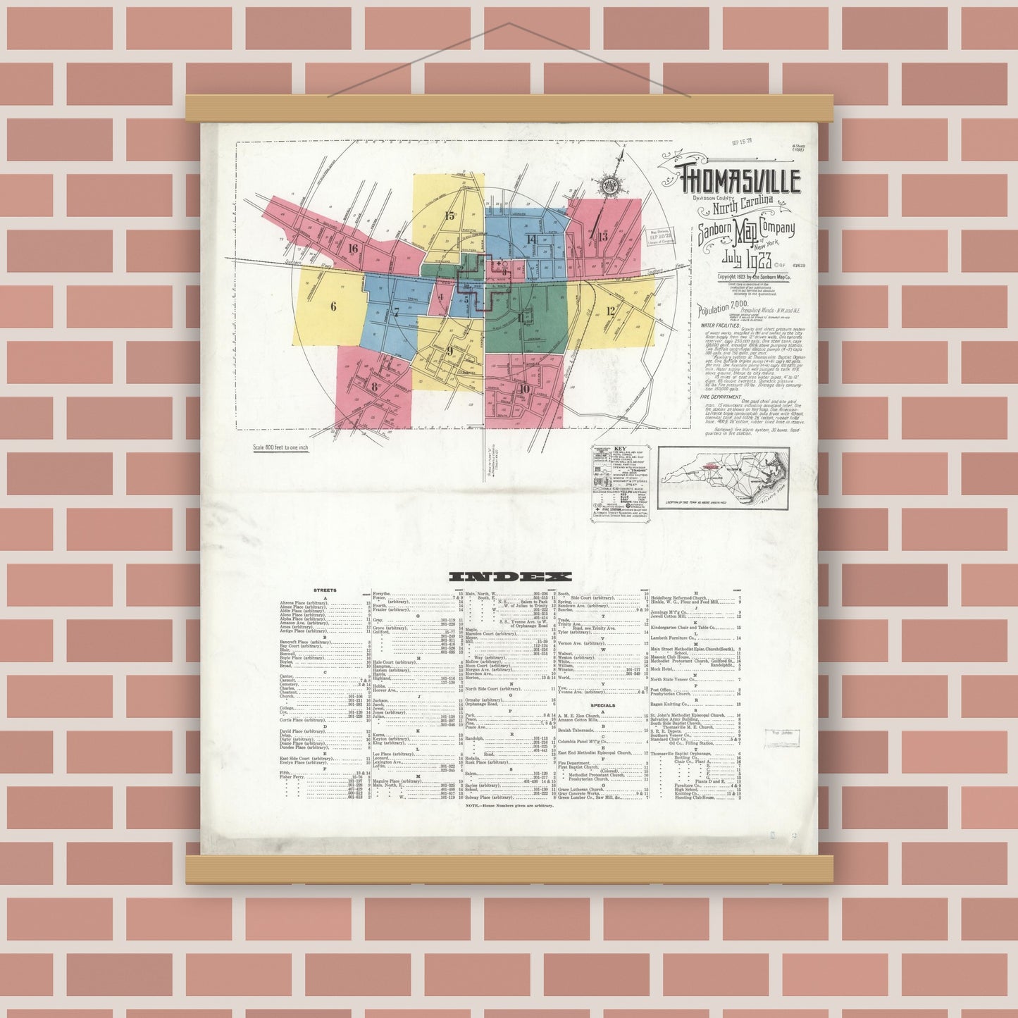 Old map wall art mockup — magnetic wood frame on brick wall — Sanborn Fire Insurance Map from Thomasville, Davidson County, North Carolina (1923), Sheet #0001