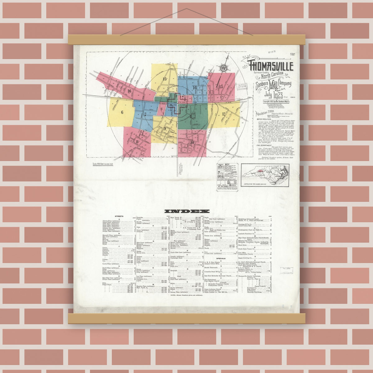 Old map wall art mockup — magnetic wood frame on brick wall — Sanborn Fire Insurance Map from Thomasville, Davidson County, North Carolina (1923), Sheet #0001