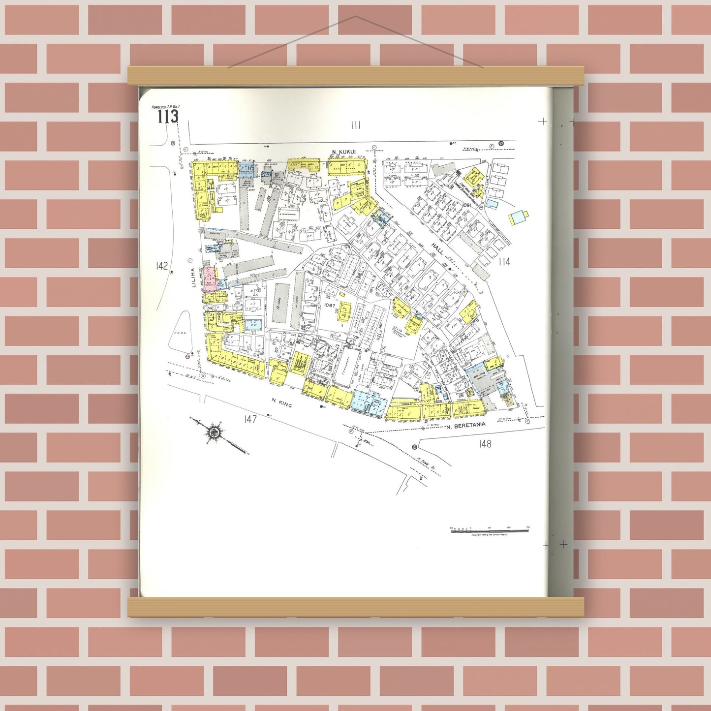 Old map wall art mockup — magnetic wood frame on brick wall — Sanborn Fire Insurance Map from Honolulu, Oahu County, Hawaii (1955), Sheet #0113