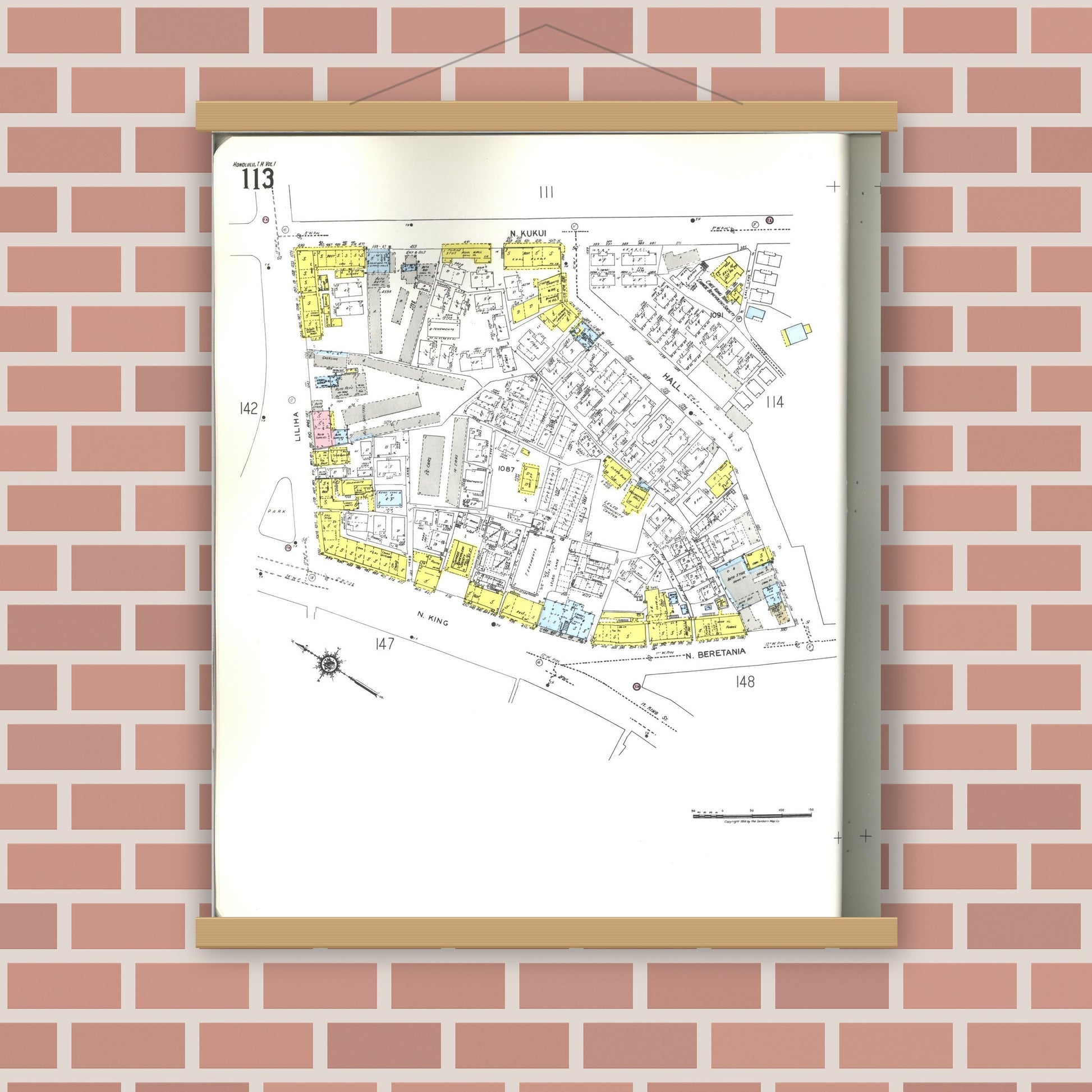 Old map wall art mockup — magnetic wood frame on brick wall — Sanborn Fire Insurance Map from Honolulu, Oahu County, Hawaii (1955), Sheet #0113