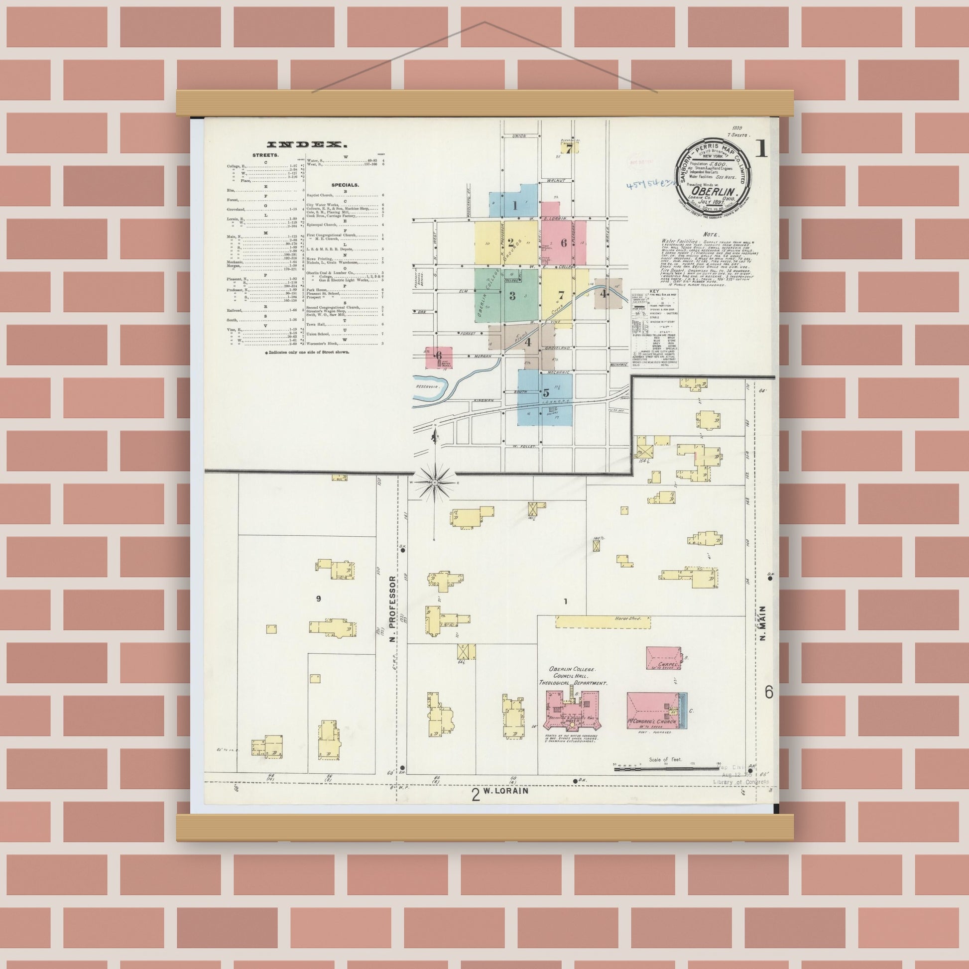 Old map wall art mockup — magnetic wood frame on brick wall — Sanborn Fire Insurance Map from Oberlin, Lorain County, Ohio (1897), Sheet #0001