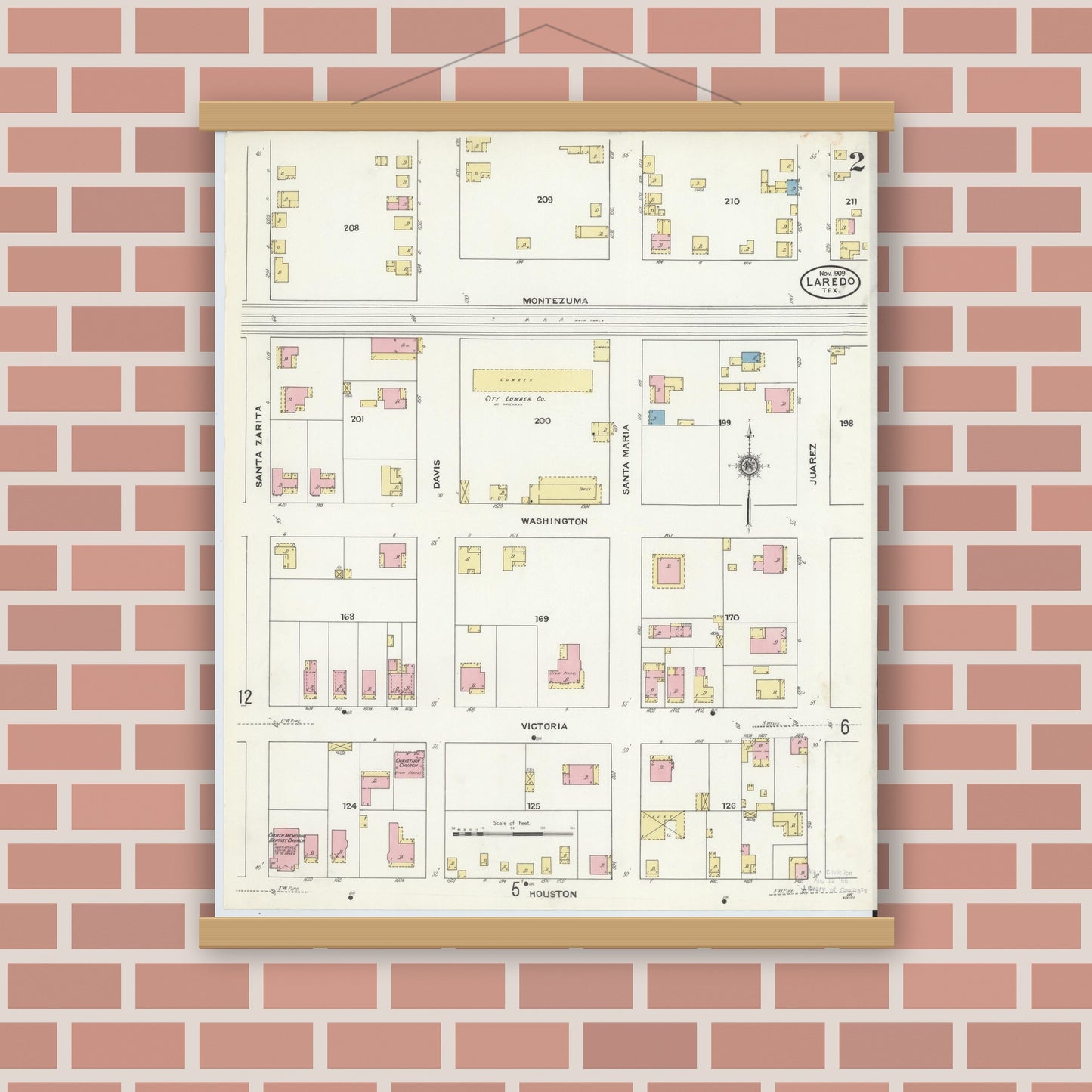 Old map wall art mockup — magnetic wood frame on brick wall — Sanborn Fire Insurance Map from Laredo, Webb County, Texas (1909), Sheet #0002
