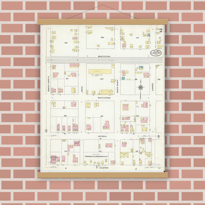 Old map wall art mockup — magnetic wood frame on brick wall — Sanborn Fire Insurance Map from Laredo, Webb County, Texas (1909), Sheet #0002