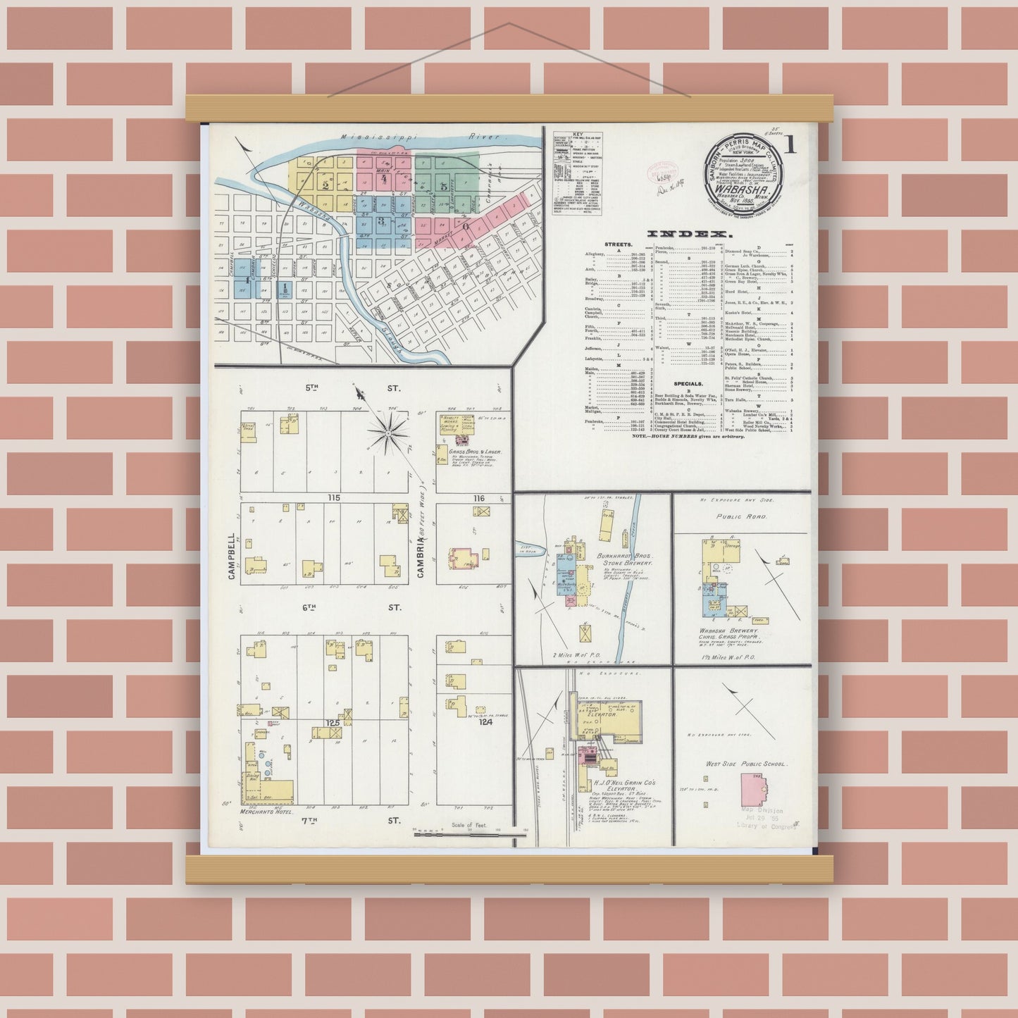 Old map wall art mockup — magnetic wood frame on brick wall — Sanborn Fire Insurance Map from Wabasha, Wabasha County, Minnesota (1895) - Complete Map Set