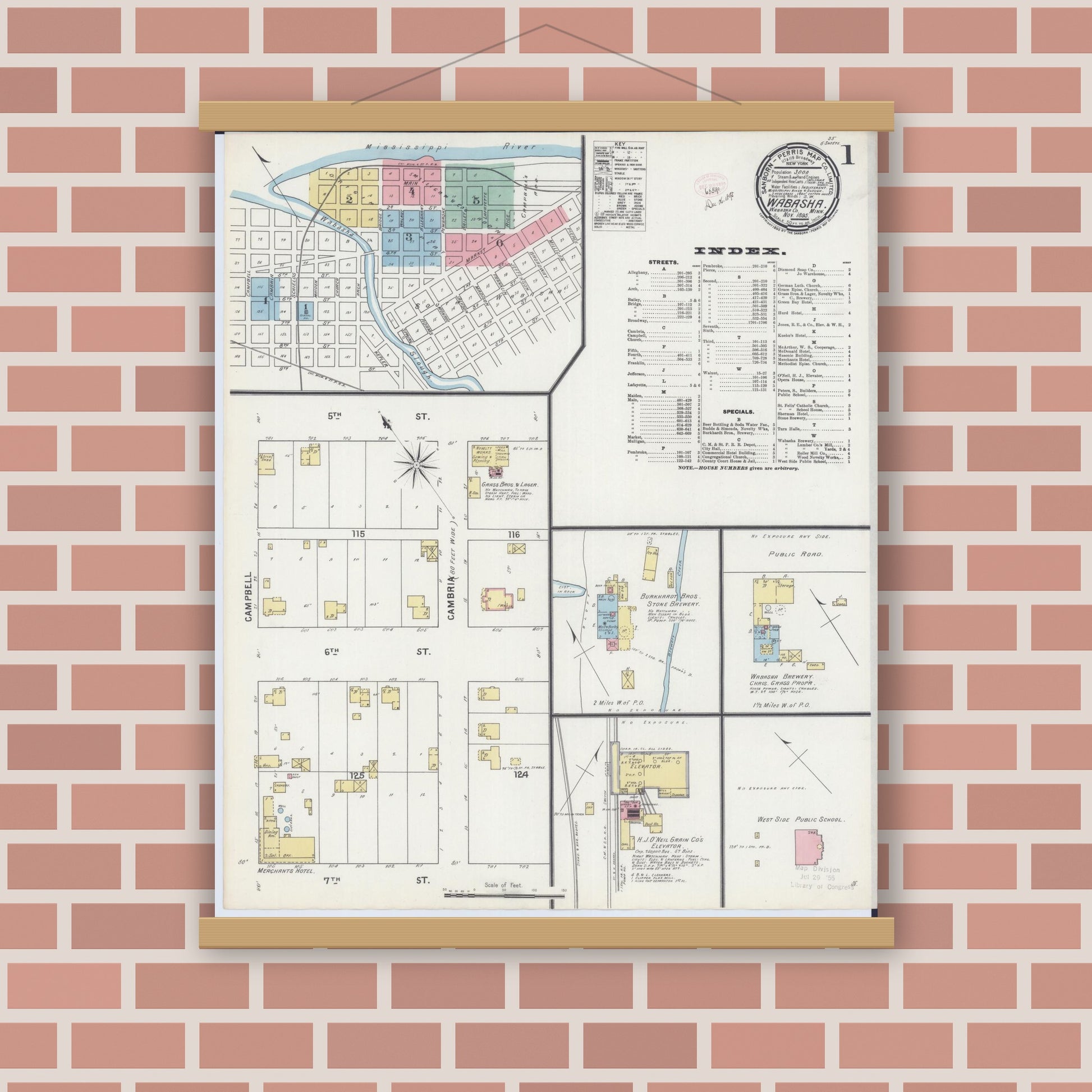 Old map wall art mockup — magnetic wood frame on brick wall — Sanborn Fire Insurance Map from Wabasha, Wabasha County, Minnesota (1895) - Complete Map Set