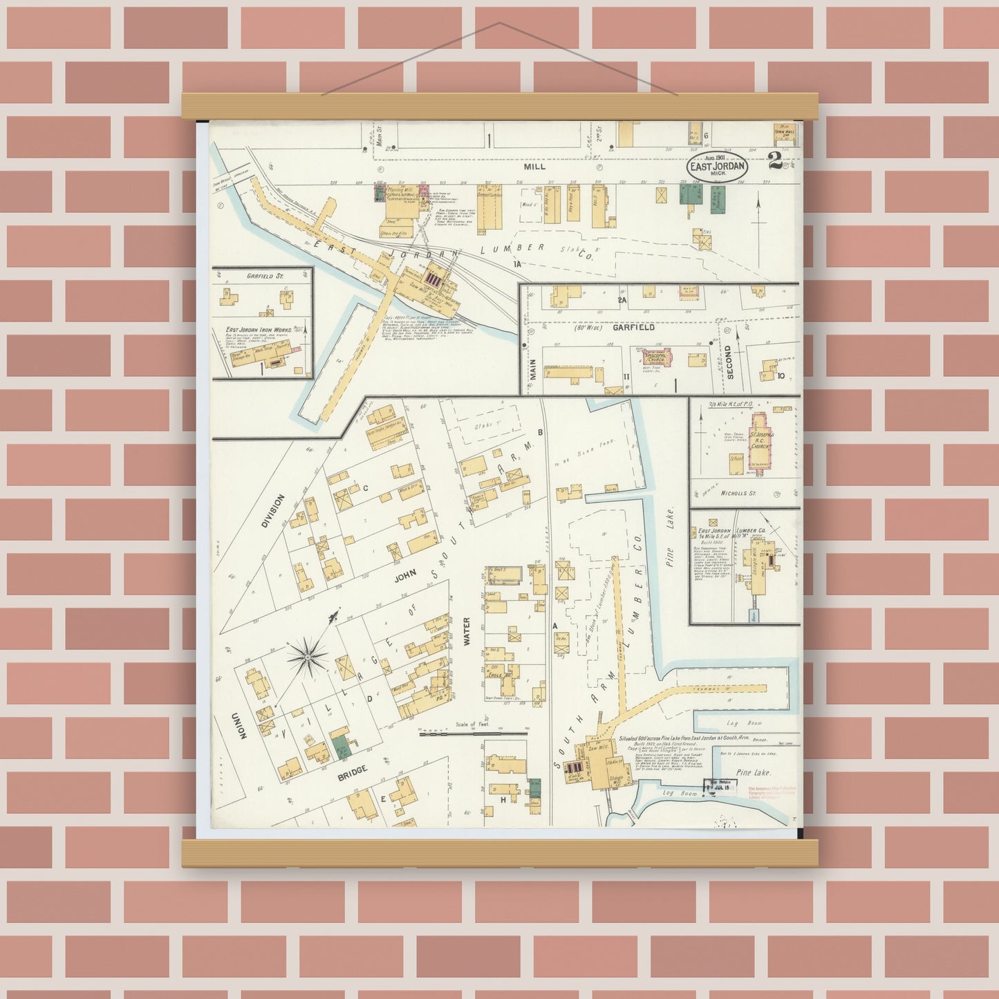 Old map wall art mockup — magnetic wood frame on brick wall — Sanborn Fire Insurance Map from East Jordan, Charlevoix County, Michigan (1901), Sheet #0002