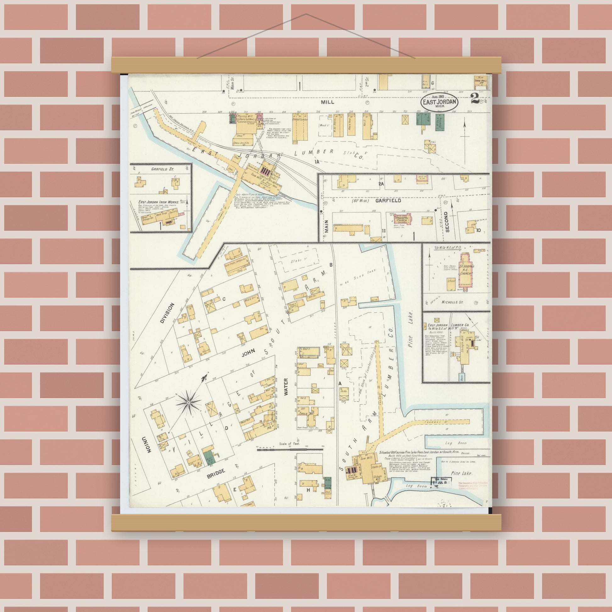 Old map wall art mockup — magnetic wood frame on brick wall — Sanborn Fire Insurance Map from East Jordan, Charlevoix County, Michigan (1901), Sheet #0002