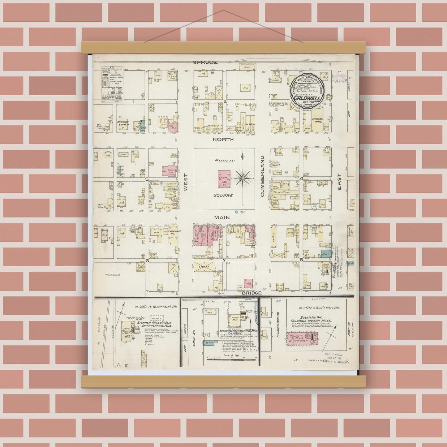 Old map wall art mockup — magnetic wood frame on brick wall — Sanborn Fire Insurance Map from Caldwell, Noble County, Ohio (1885), Sheet #0001