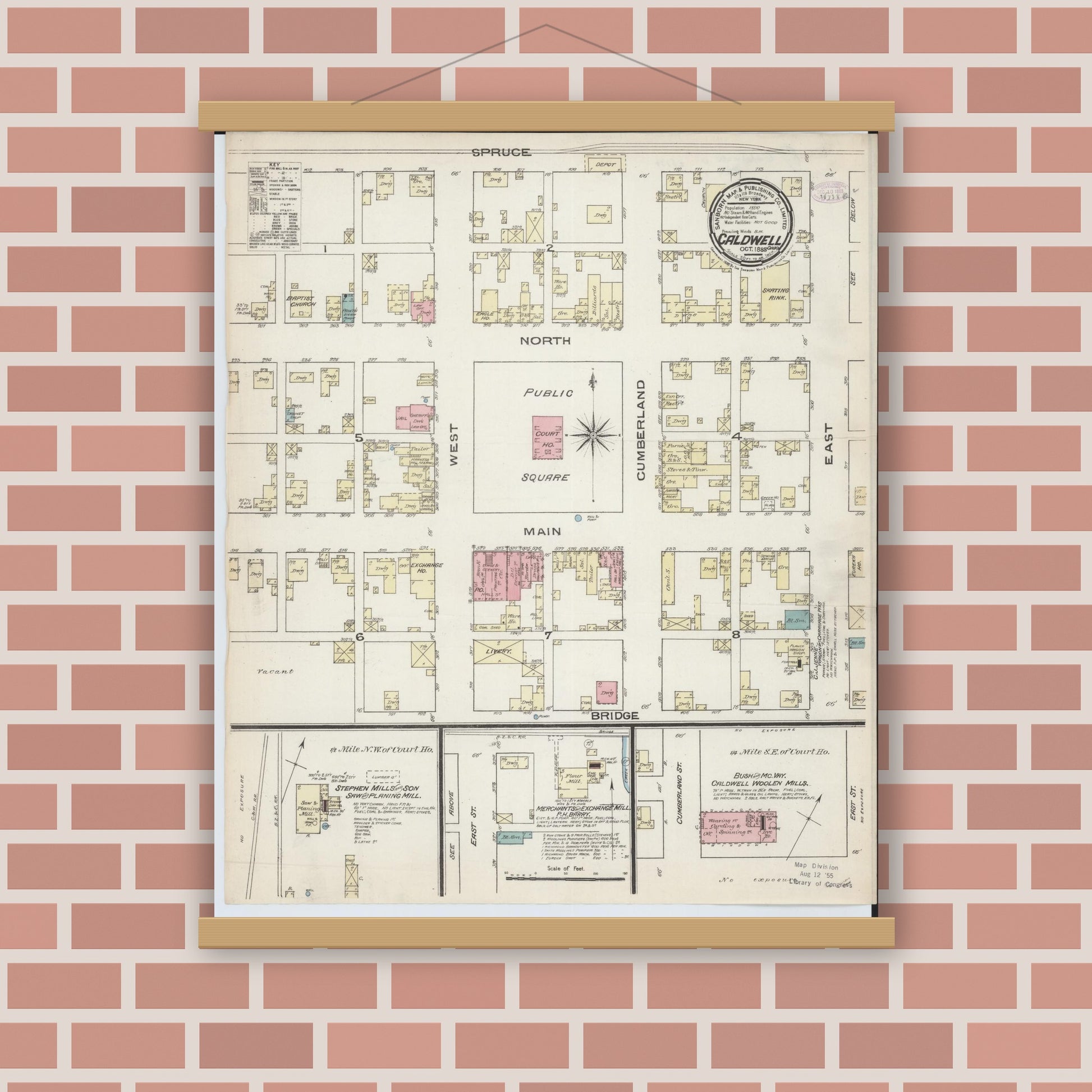 Old map wall art mockup — magnetic wood frame on brick wall — Sanborn Fire Insurance Map from Caldwell, Noble County, Ohio (1885), Sheet #0001