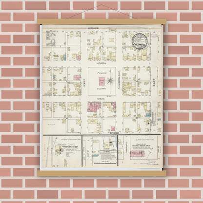 Old map wall art mockup — magnetic wood frame on brick wall — Sanborn Fire Insurance Map from Caldwell, Noble County, Ohio (1885), Sheet #0001