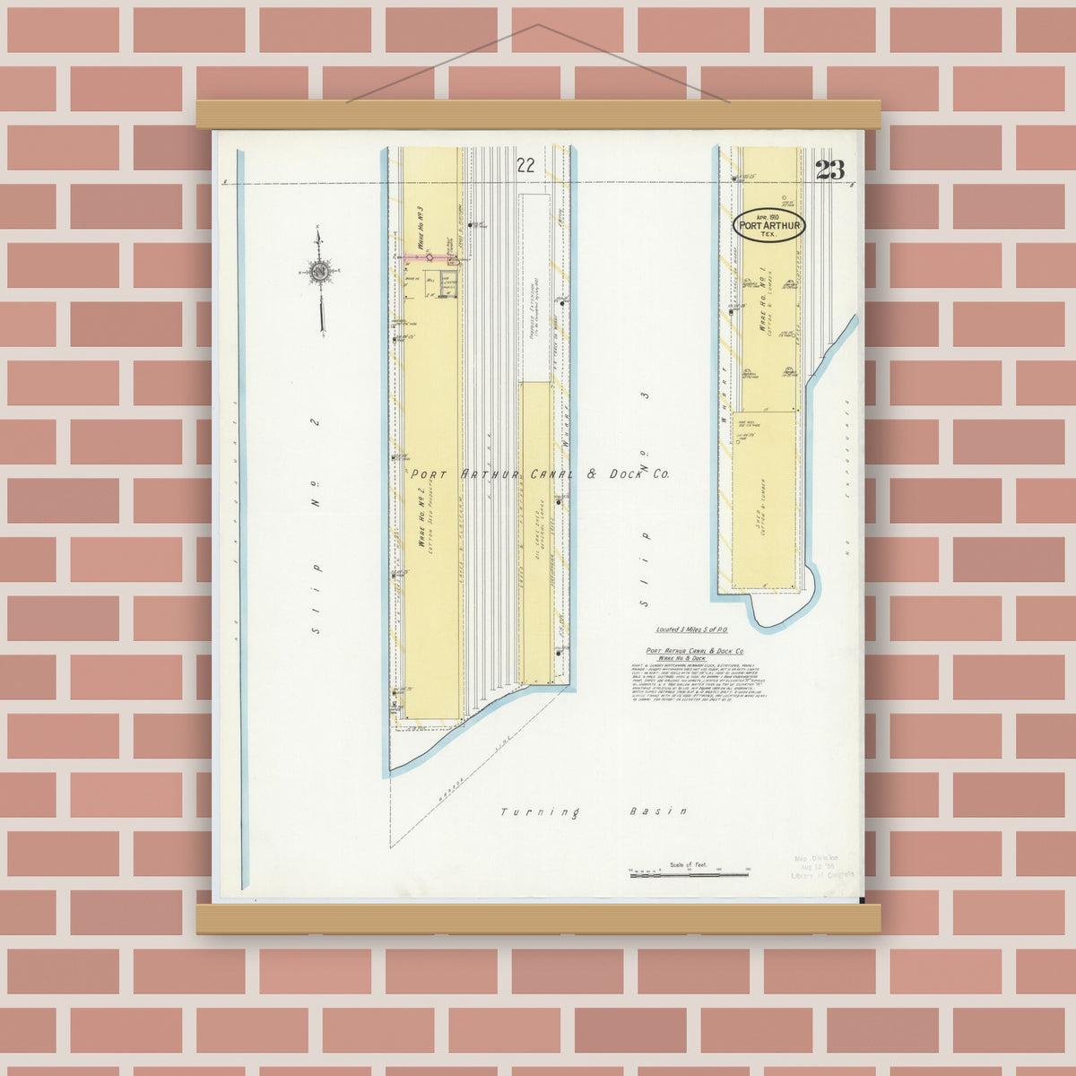 Old map wall art mockup — magnetic wood frame on brick wall — Sanborn Fire Insurance Map from Port Arthur, Jefferson County, Texas (1910), Sheet #0023