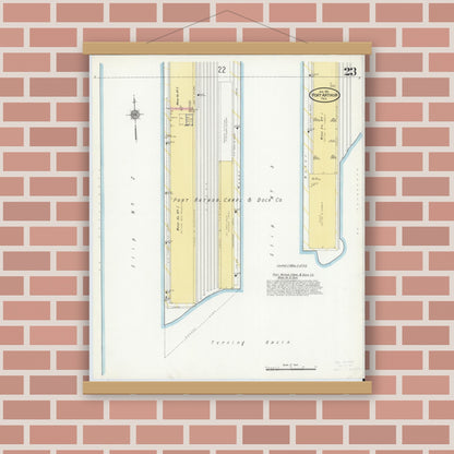 Old map wall art mockup — magnetic wood frame on brick wall — Sanborn Fire Insurance Map from Port Arthur, Jefferson County, Texas (1910), Sheet #0023