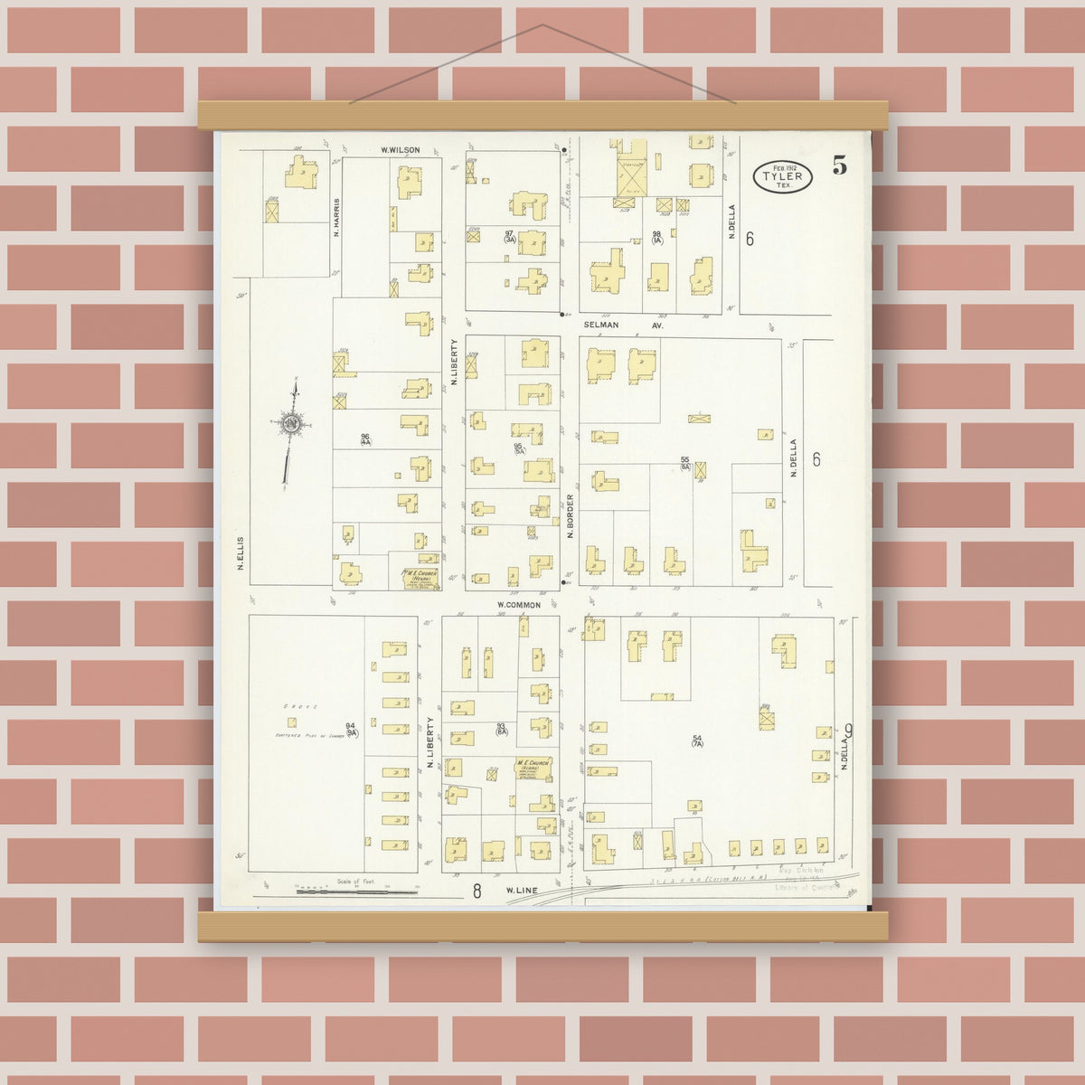 Old map wall art mockup — magnetic wood frame on brick wall — Sanborn Fire Insurance Map from Tyler, Smith County, Texas (1912), Sheet #0005