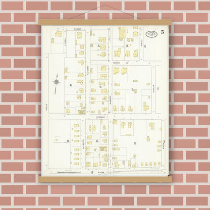 Old map wall art mockup — magnetic wood frame on brick wall — Sanborn Fire Insurance Map from Tyler, Smith County, Texas (1912), Sheet #0005